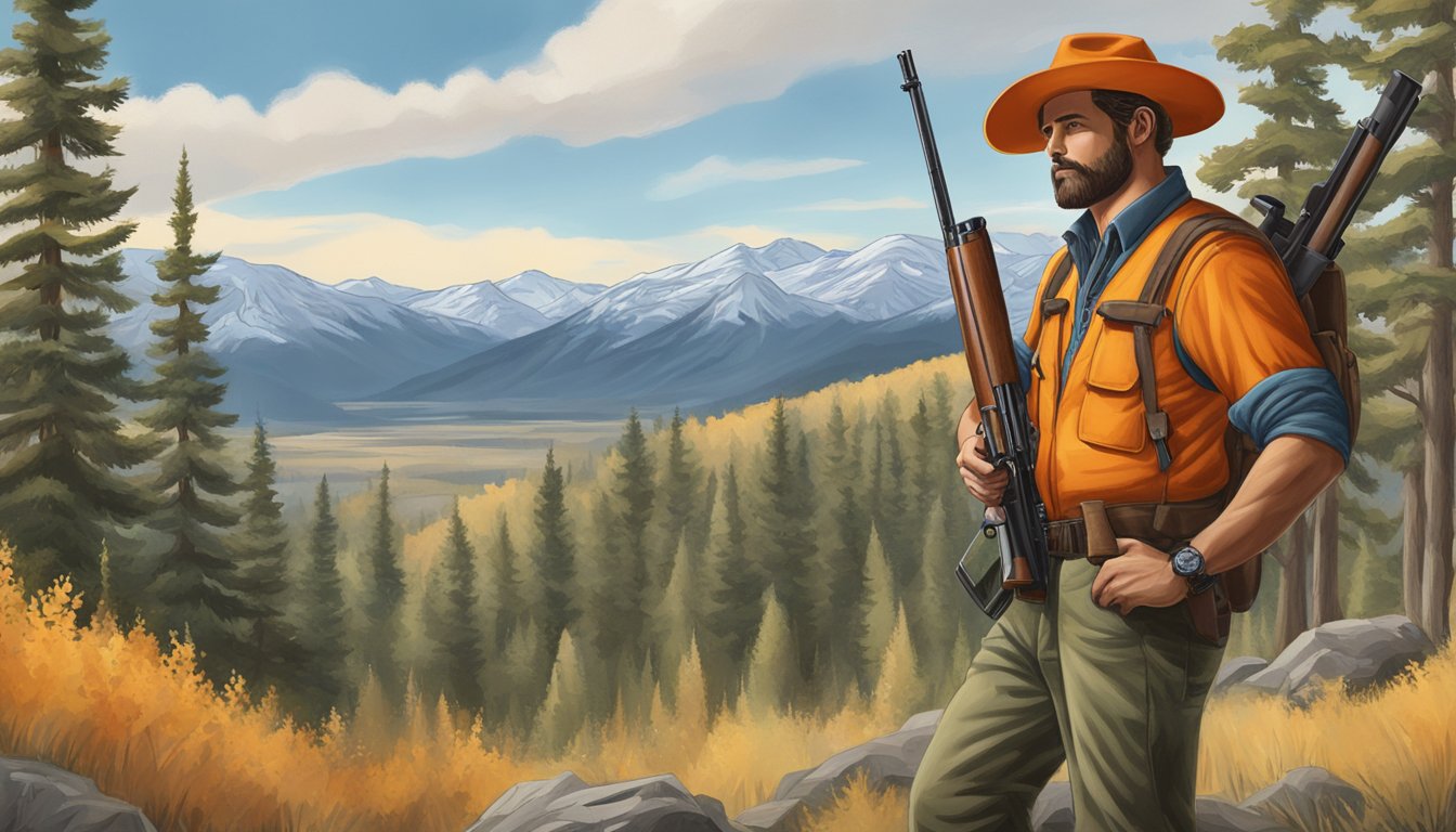 A hunter in orange vest and hat holding a rifle, surrounded by trees and mountains in Idaho