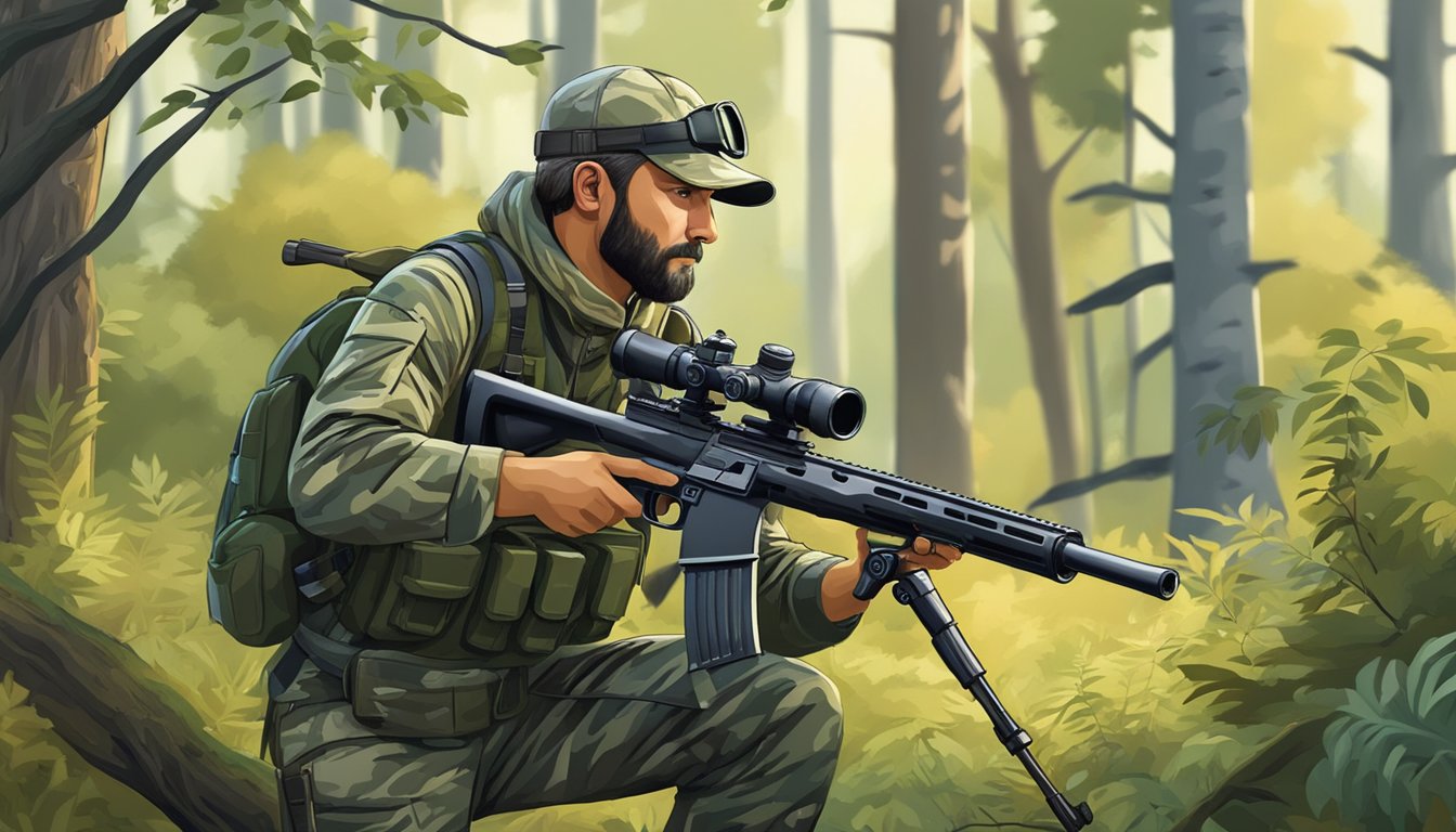 A hunter in camouflage gear with a rifle and binoculars in a forest clearing, surrounded by trees and bushes