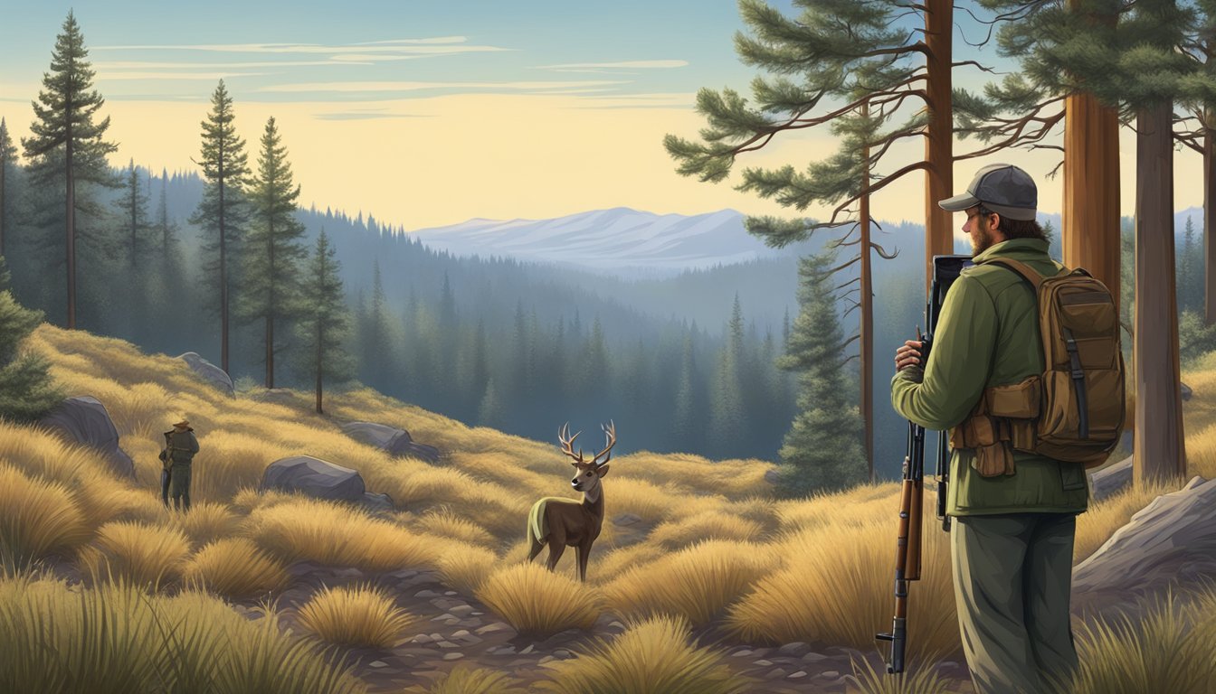 A hunter stands in a forest clearing, rifle in hand, surveying the landscape after a successful deer hunt in California