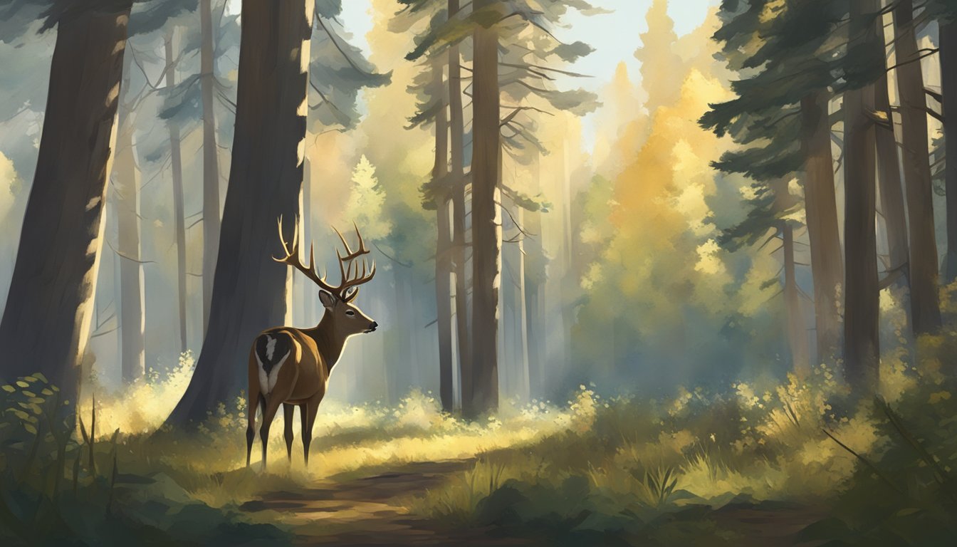 A deer stands alert in an Idaho forest, surrounded by tall trees and dappled sunlight. In the distance, a hunter takes aim with a bow