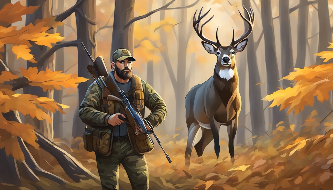 A hunter in camouflage waits in a tree stand, bow in hand, as a majestic buck cautiously approaches through the autumn foliage