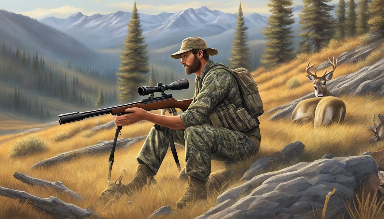 A hunter in camouflage aims a rifle at a grazing deer in the rugged Idaho wilderness