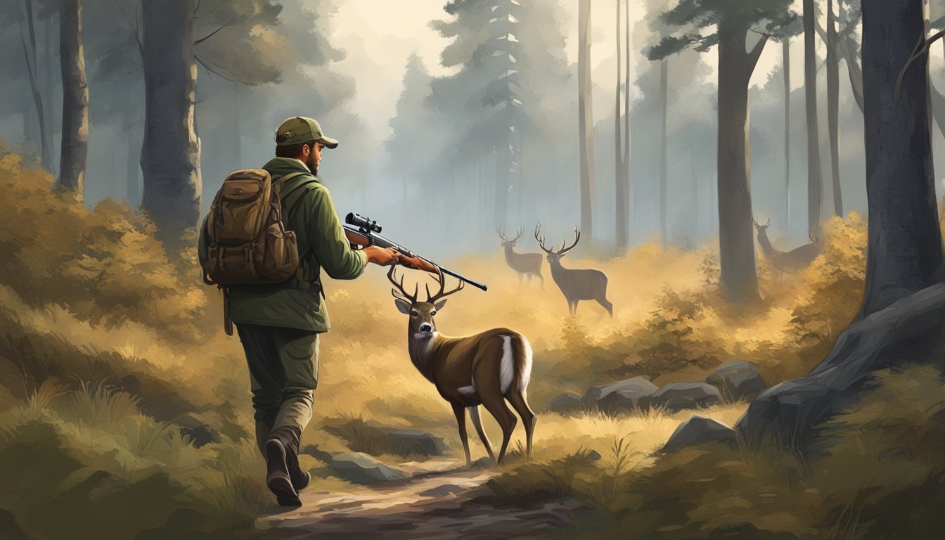 A hunter stalking through a dense forest, rifle in hand, as a majestic deer grazes in the distance