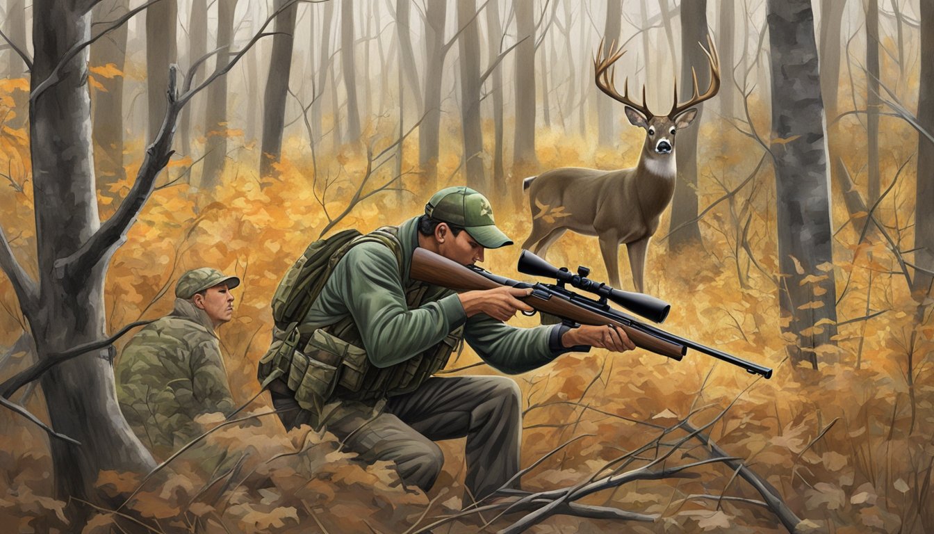 A hunter in camouflage aims rifle at a white-tailed deer in a wooded area of Iowa