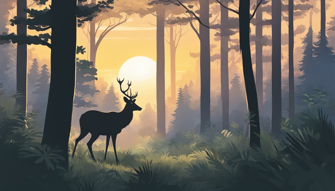 A dense forest at dawn, with a deer cautiously moving through the underbrush as the sun rises behind the trees