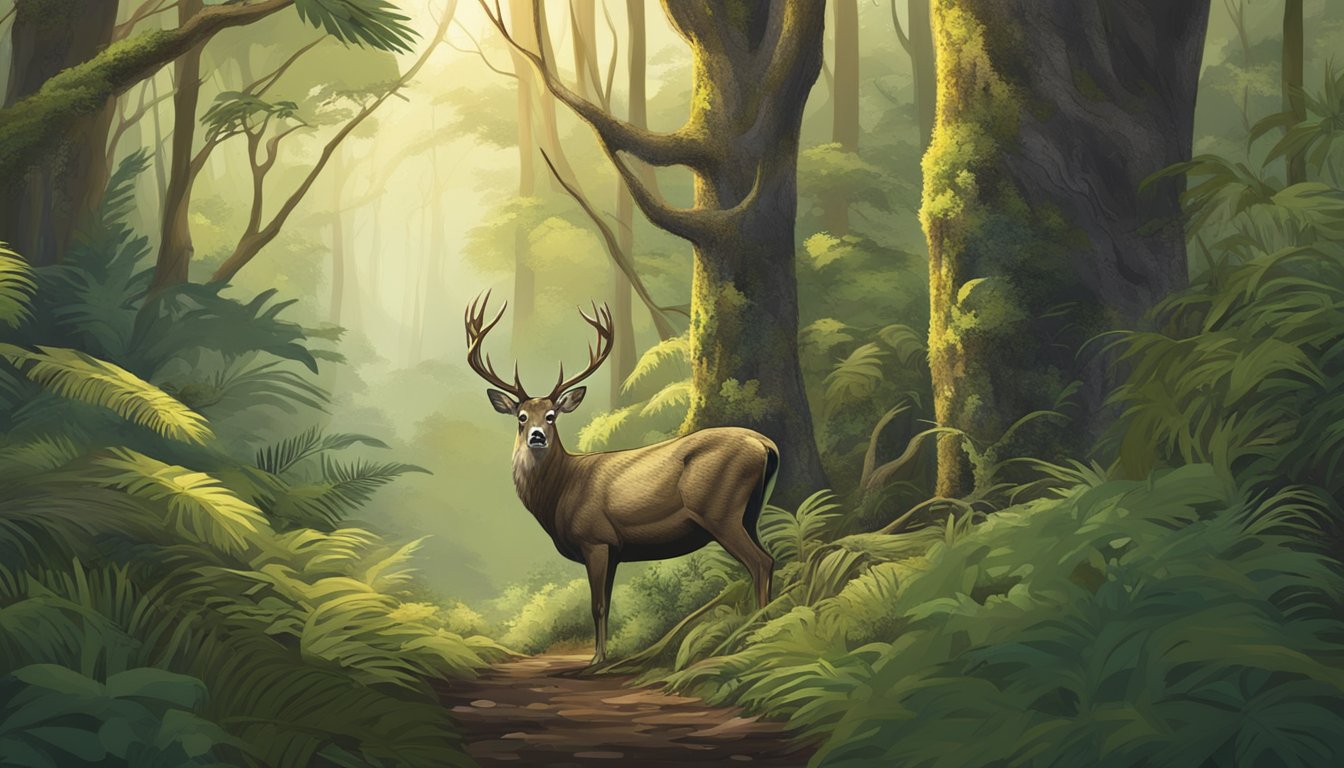 A hunter in camouflage blends into the lush Hawaiian forest, aiming a rifle at a majestic deer. Signs with hunting regulations are posted nearby