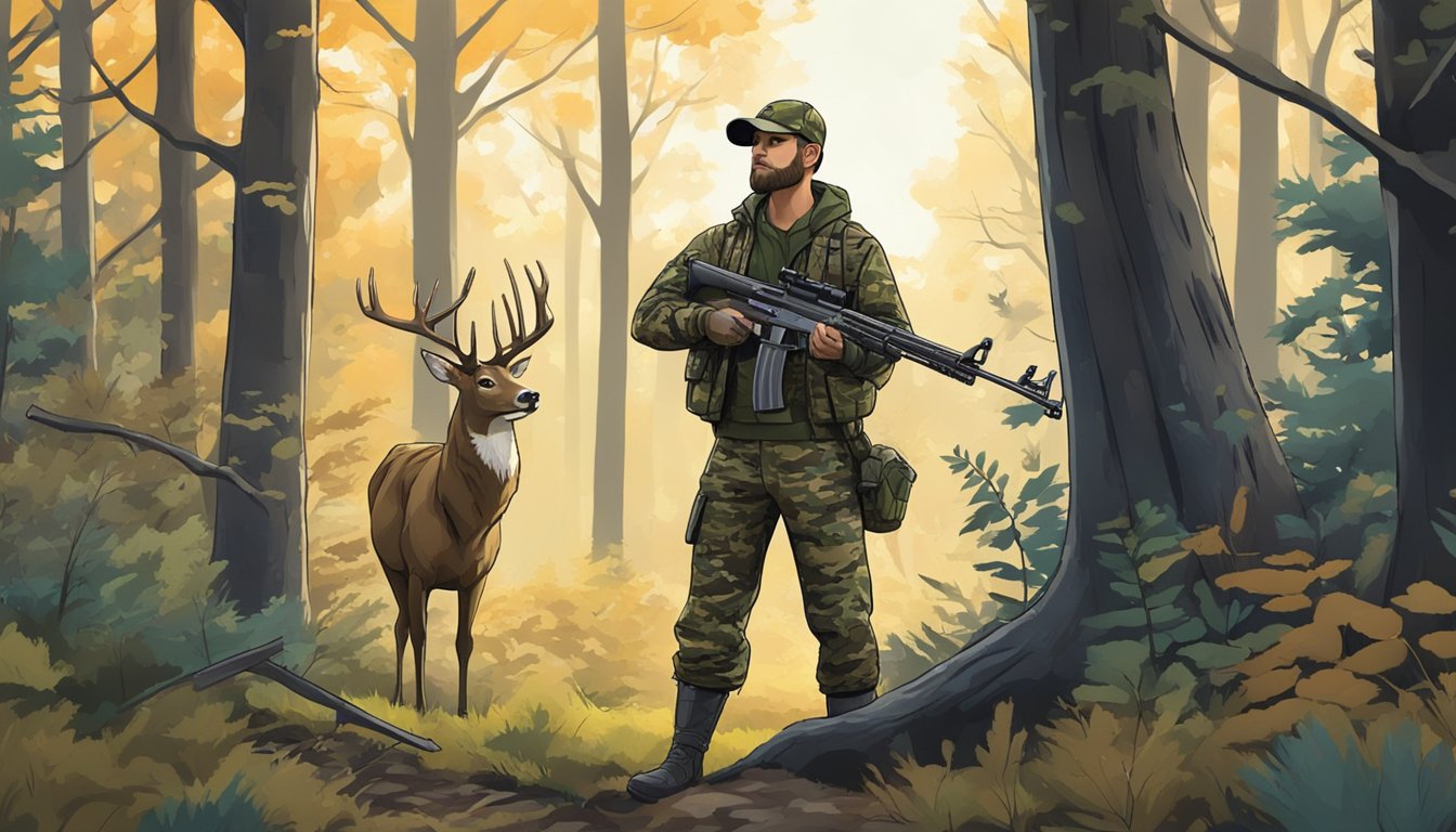 A hunter in camouflage clothing holds a rifle, standing in a wooded area with a deer grazing in the distance