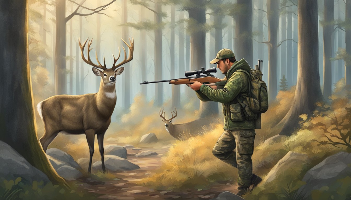 A hunter in camouflage aims a rifle at a deer in a forest clearing, while wildlife conservation signs are posted nearby