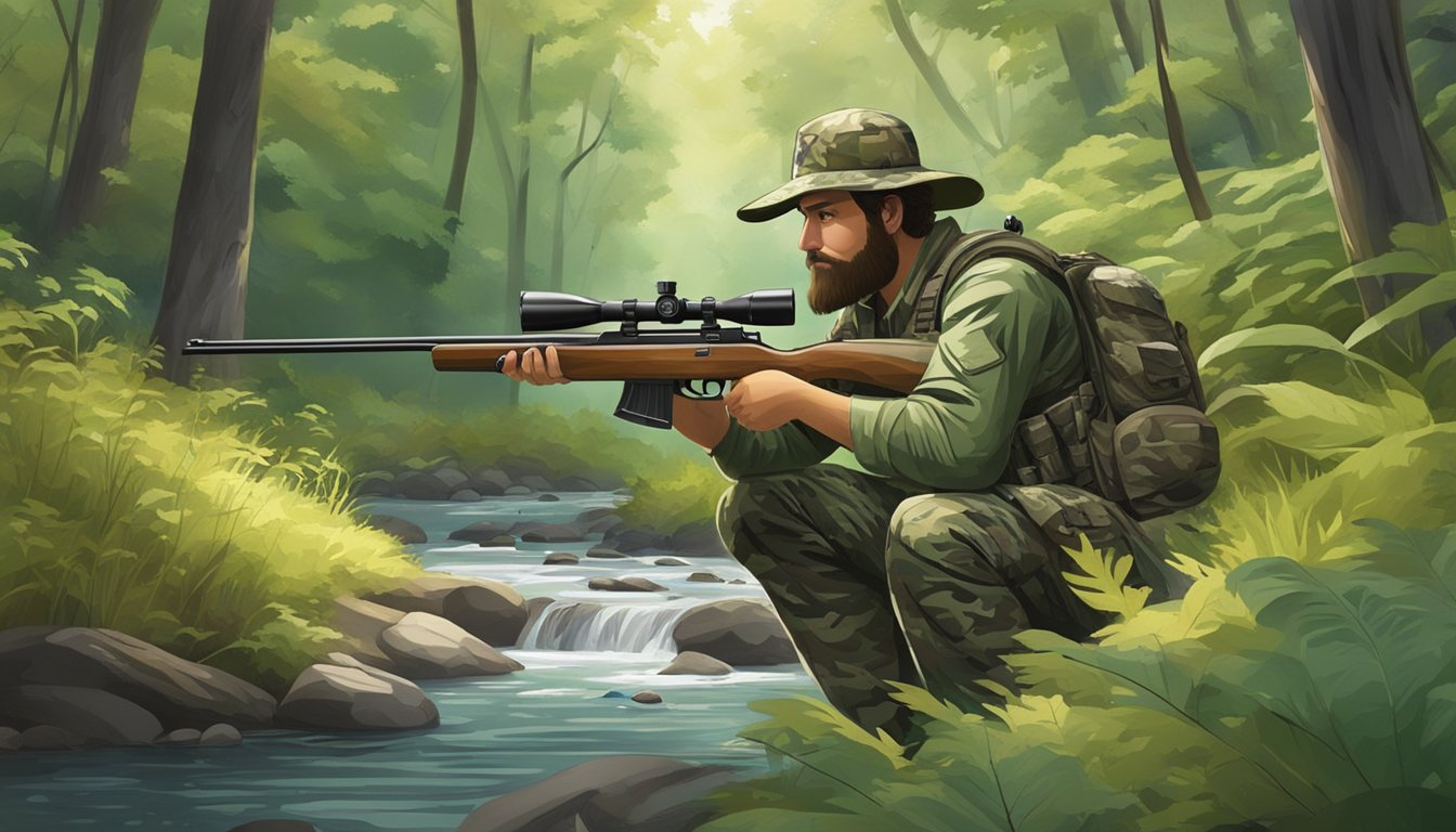 A hunter in camouflage gear loads his rifle in a lush forest clearing, surrounded by dense vegetation and a tranquil stream