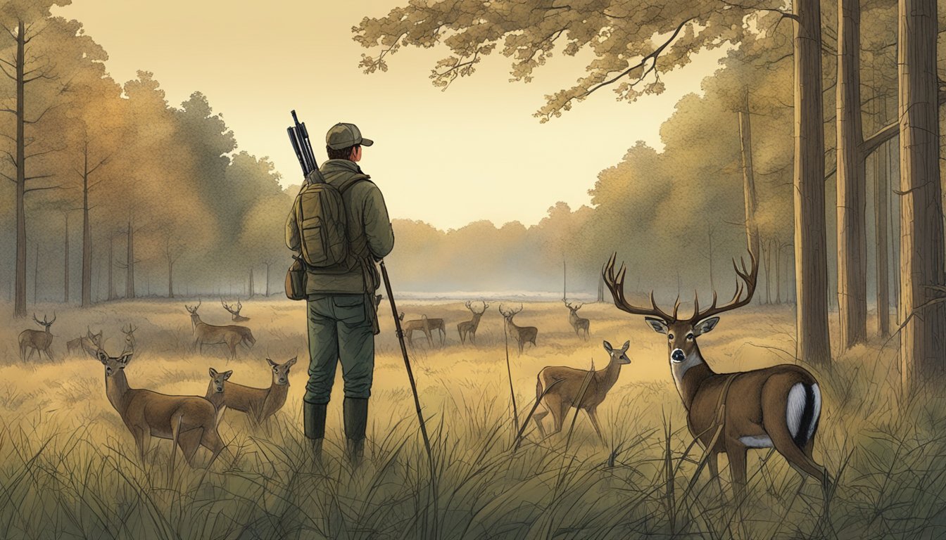 A hunter in Delaware observes a deer from a distance, respecting ethical hunting practices while citizens participate in conservation efforts nearby