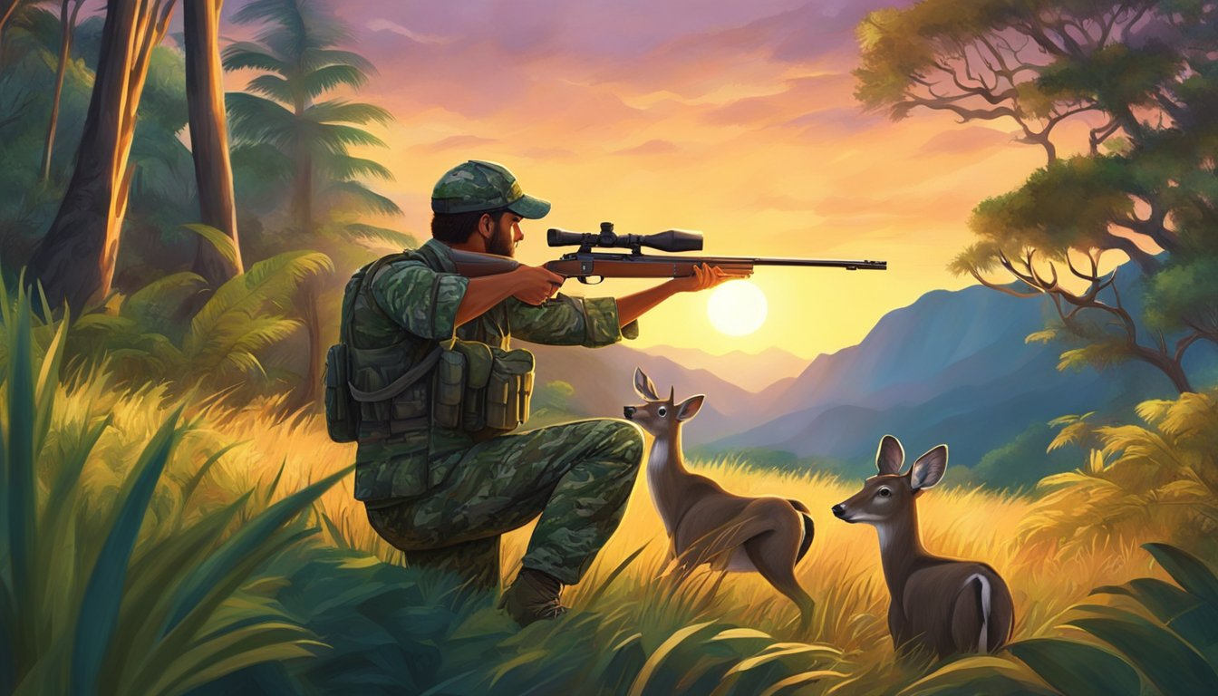 A hunter in camouflage aims a rifle at a deer in a lush Hawaiian forest clearing. The sun sets behind the mountains, casting a warm glow