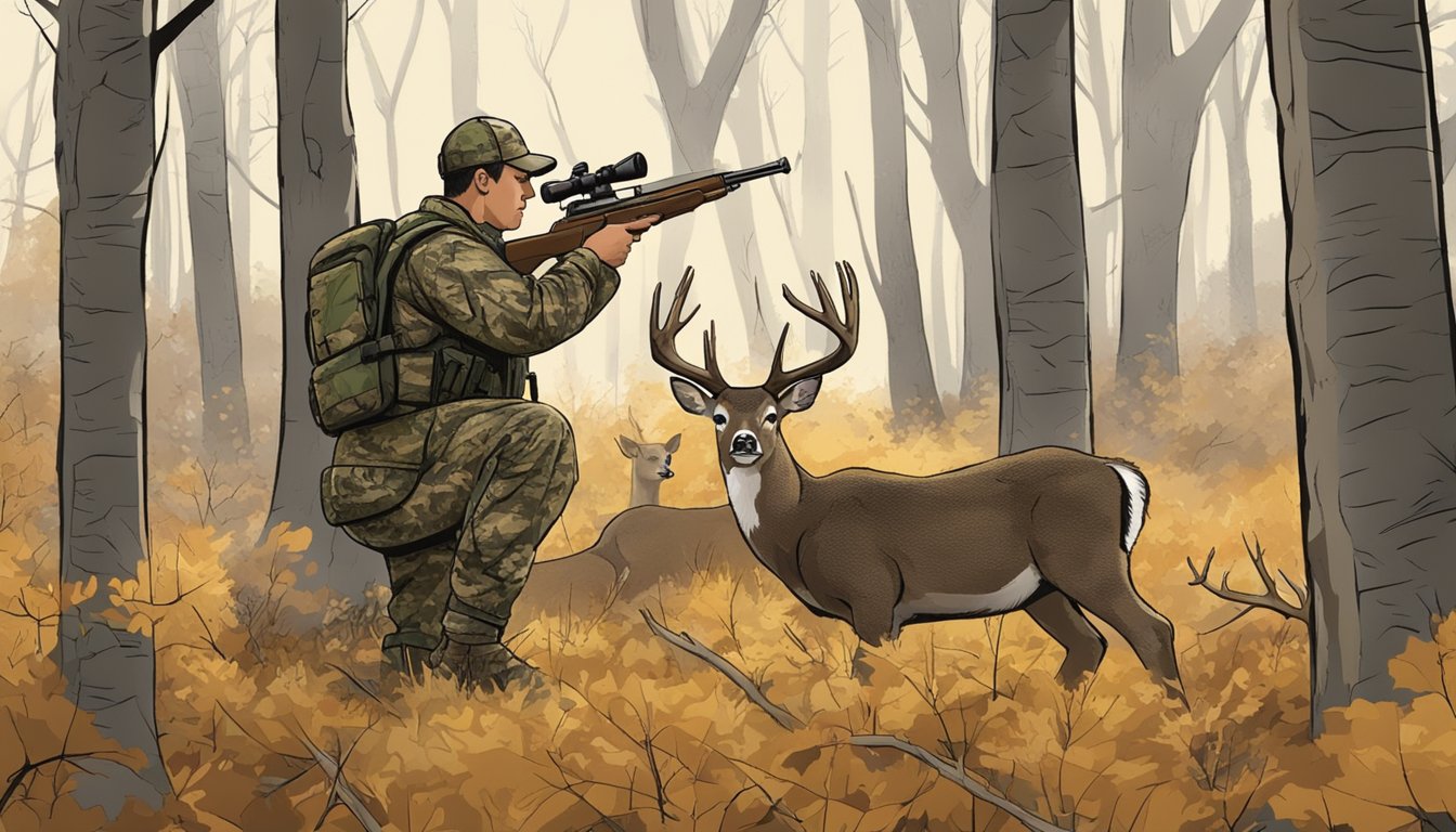 A hunter in camouflage collects data on harvested deer in a wooded Iowa hunting ground