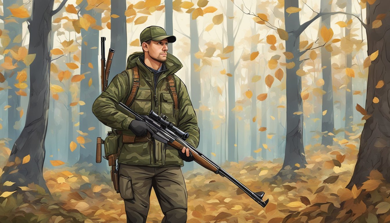 A hunter in camouflage standing in a forest clearing, with a rifle in hand, surrounded by trees and fallen leaves