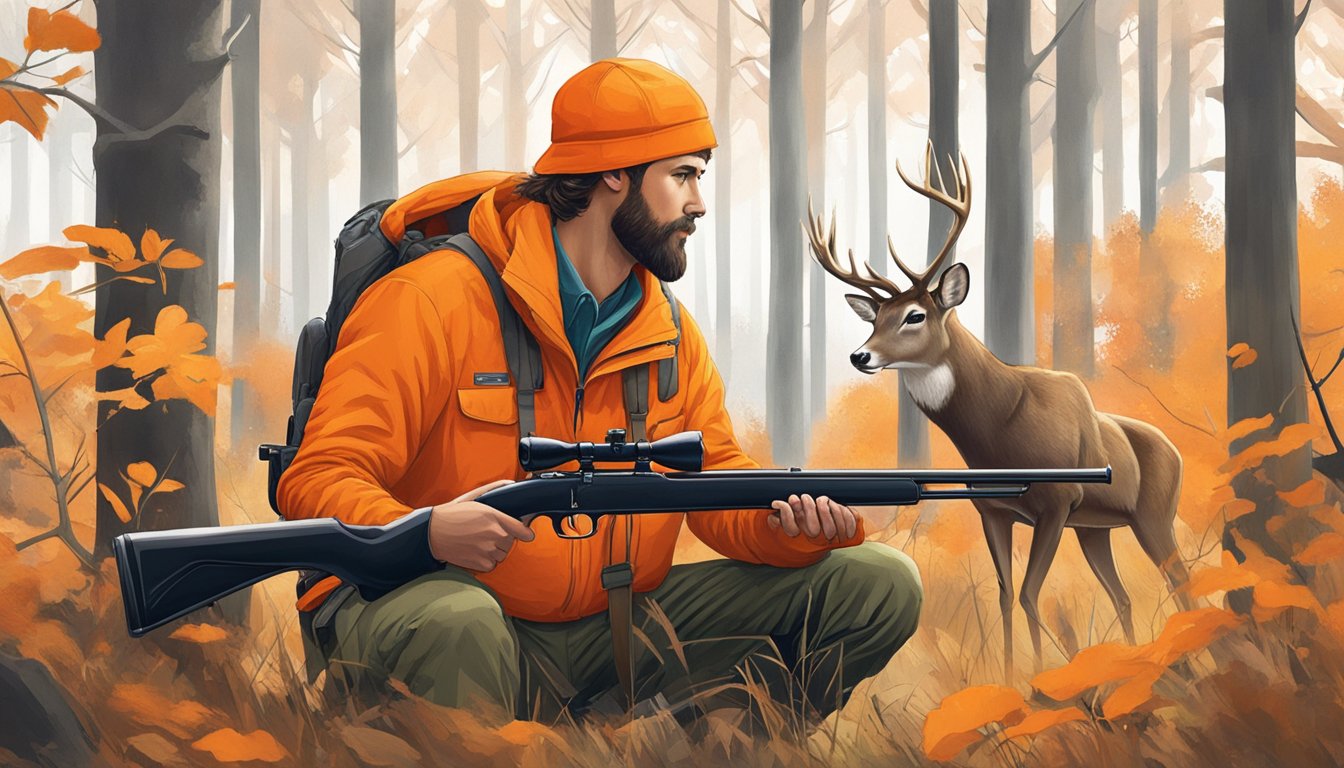 A hunter in bright orange clothing carefully aims a rifle while a majestic deer grazes in a clearing. The hunter shows respect for safety and responsibility in the Iowa wilderness