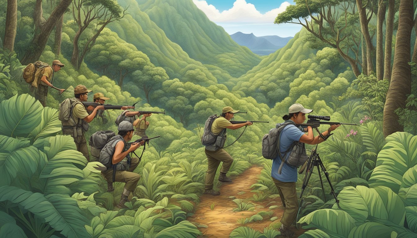 A group of hunters and local community members work together to track and hunt deer in the lush forests of Hawaii, surrounded by native plants and wildlife