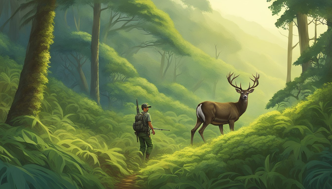 A hunter stalking a deer in the lush, mountainous terrain of Hawaii, surrounded by dense vegetation and towering trees