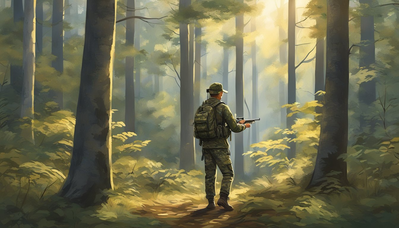 A hunter in camouflage gear stands in a Georgia forest, rifle in hand, scanning the area for deer. The early morning sun filters through the trees, casting dappled light on the forest floor