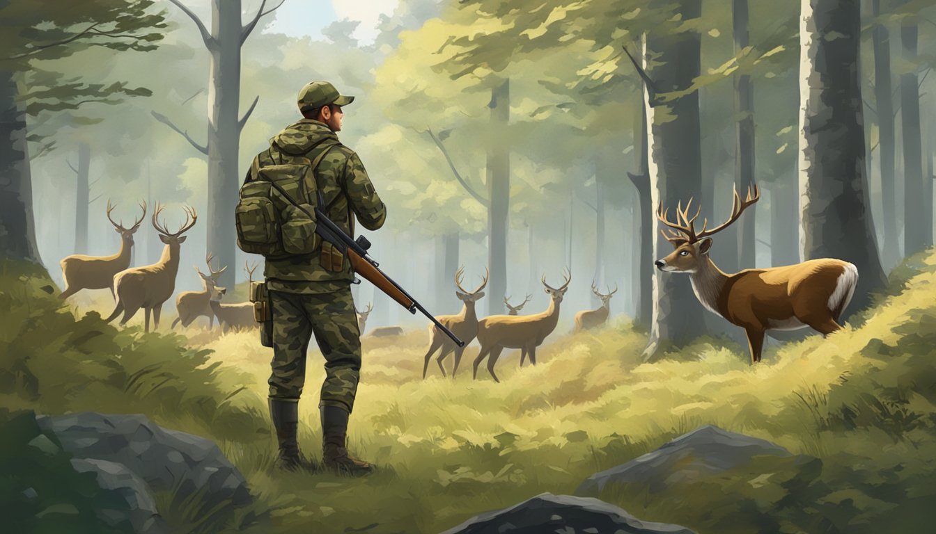 A hunter in camouflage with a rifle standing in a wooded area, observing a group of deer grazing in a clearing