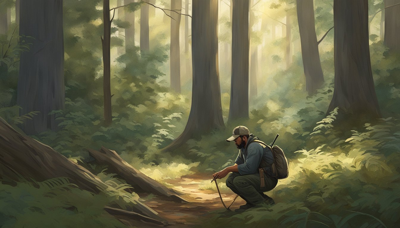 A hunter crouches in a wooded area, silently tracking a deer through the dense underbrush of the Georgia forest. The early morning light filters through the trees, casting dappled shadows on the forest floor