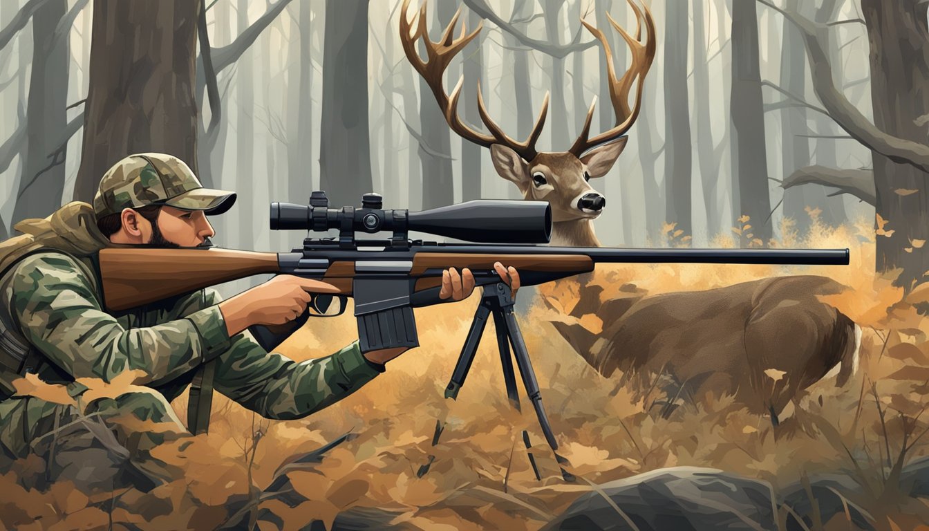 A hunter in camouflage aims a rifle at a deer in a Louisiana forest during an additional hunting season