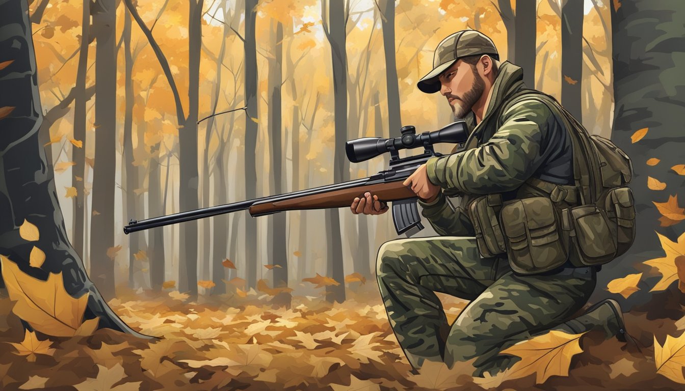 A hunter in camouflage gear checks his rifle in a wooded area, surrounded by trees and fallen leaves