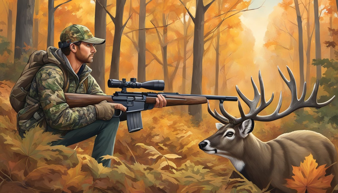 A hunter in camouflage aims a rifle at a majestic buck in the Illinois woods. The deer stands alert, surrounded by autumn foliage