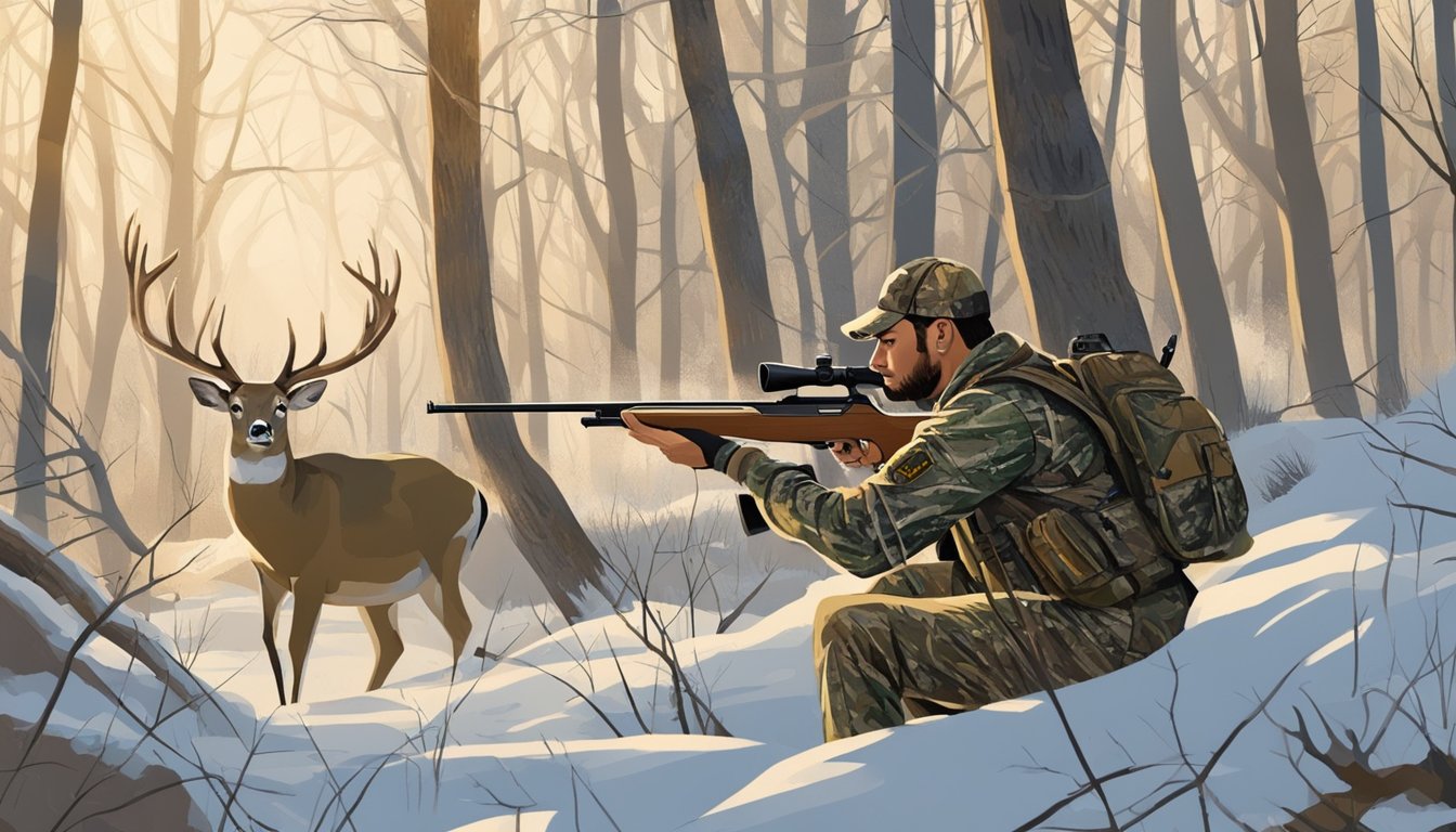 A hunter in camouflage aims a rifle at a buck in a wooded Illinois forest during deer hunting season