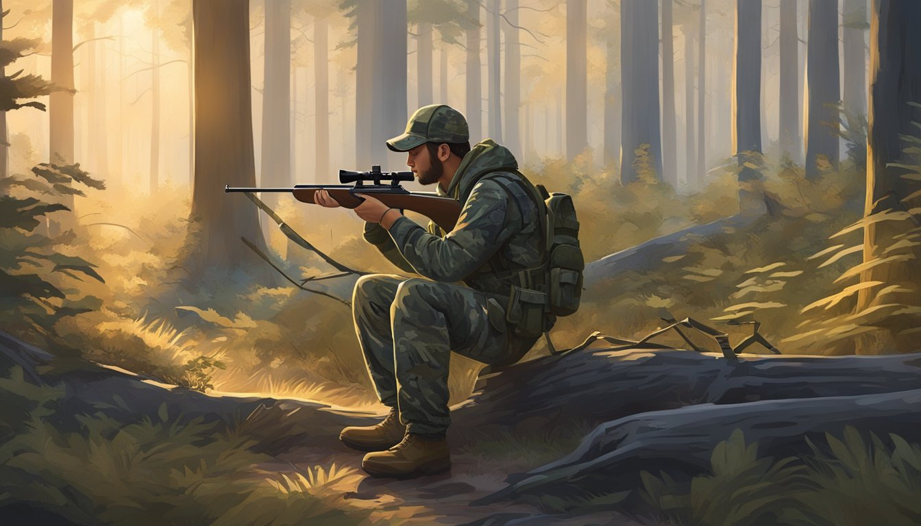 A hunter in camouflage gear checks his rifle in a wooded area at dawn, surrounded by the stillness of the forest