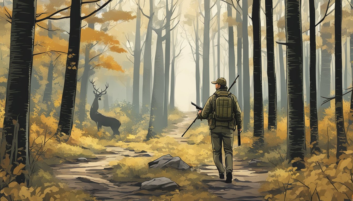 A hunter walking through a dense forest, rifle in hand, with a clearing ahead and signs indicating access to deer hunting areas in Illinois