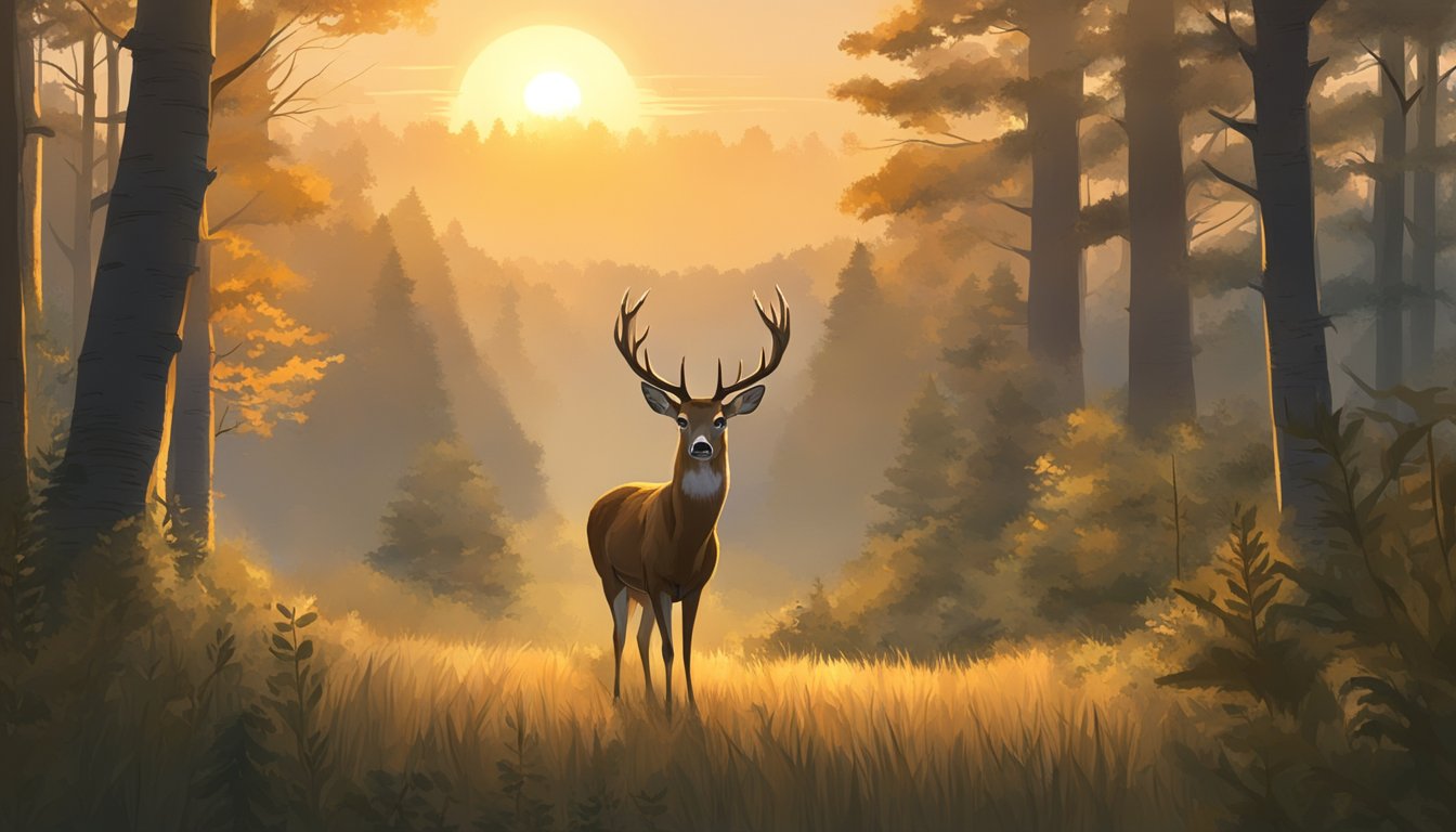 A deer stands in a clearing, surrounded by dense Kentucky forest. The sun sets, casting a warm glow over the scene