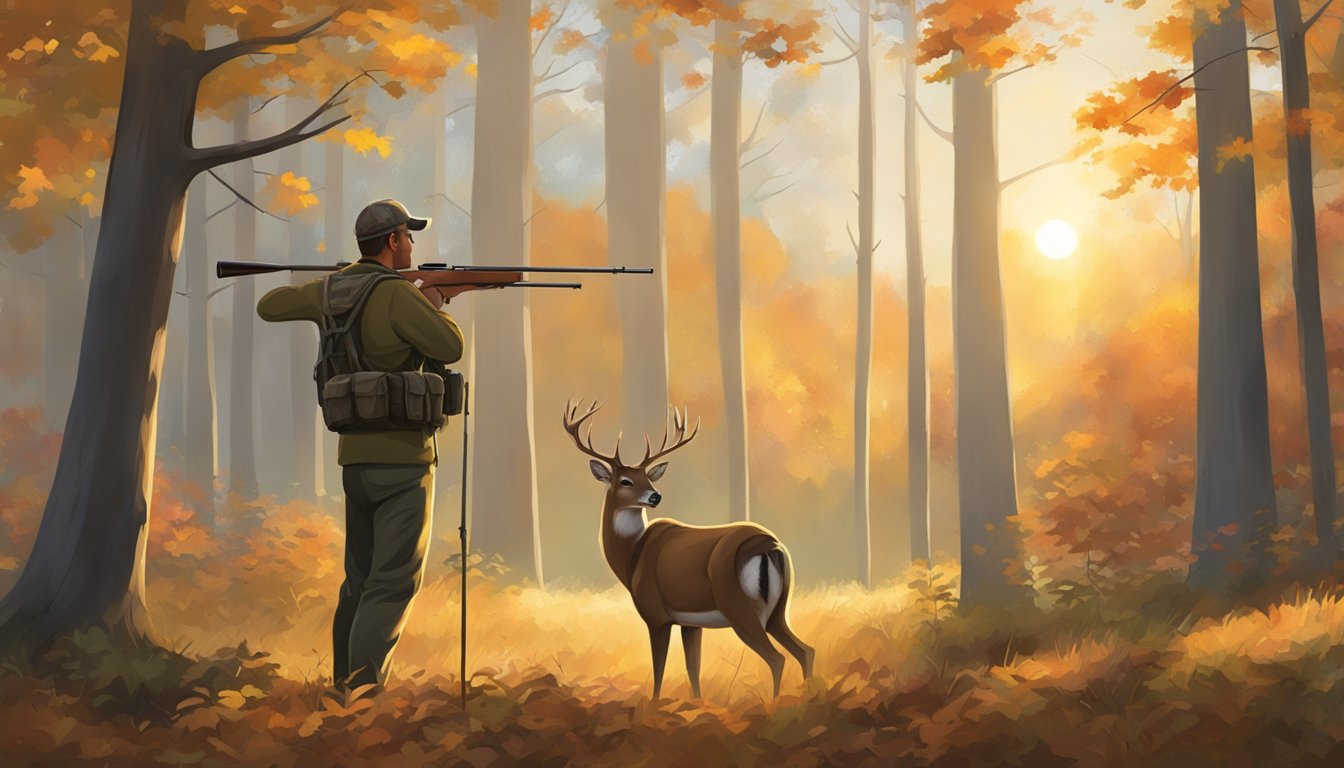 A deer stands alert in a forest clearing as a hunter takes aim from a concealed blind. The early morning sun casts a warm glow on the autumn foliage