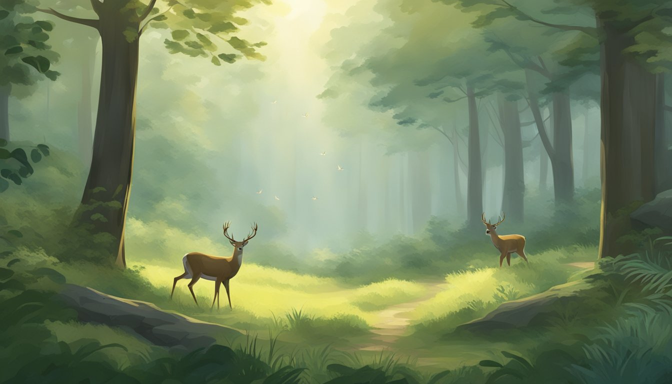 A tranquil forest clearing with grazing deer, surrounded by lush foliage and a serene, misty atmosphere