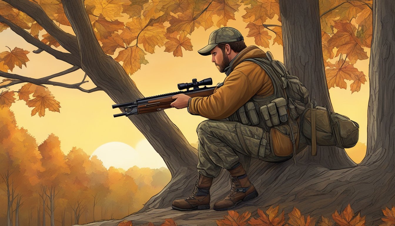 A hunter crouches behind a tree, scanning the Kentucky woods for deer. The sun sets, casting a warm glow over the autumn foliage