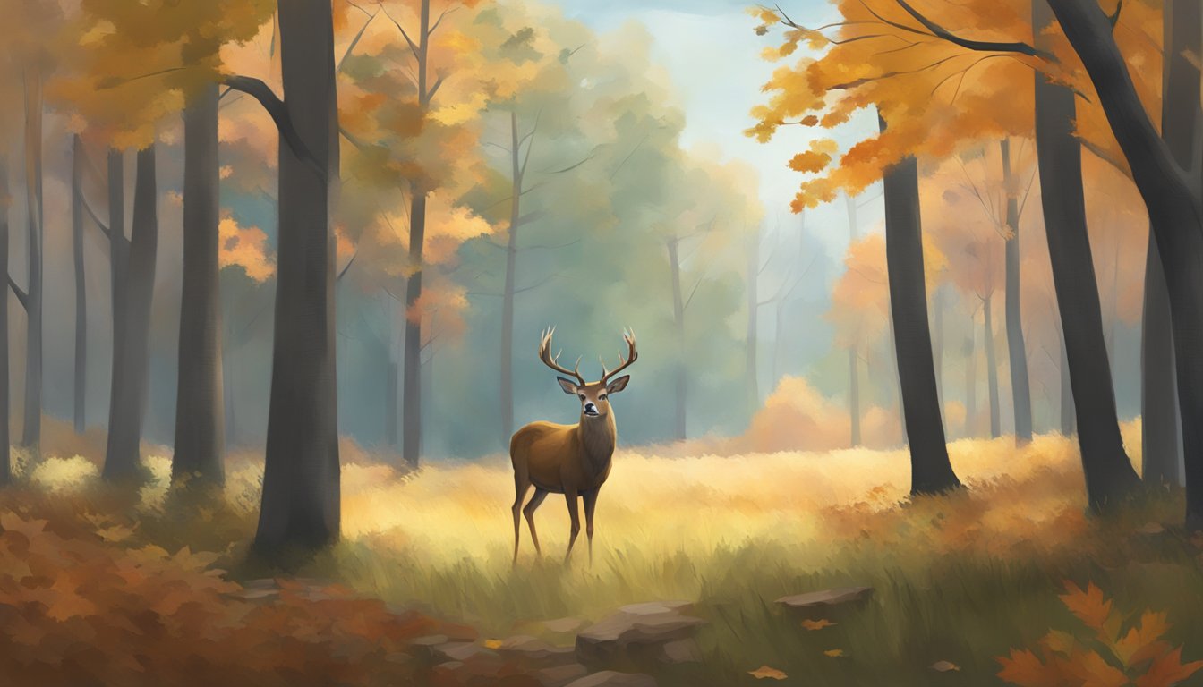 A serene Mississippi forest with a deer grazing in a clearing, surrounded by autumn foliage and a subtle hint of hunting season approaching