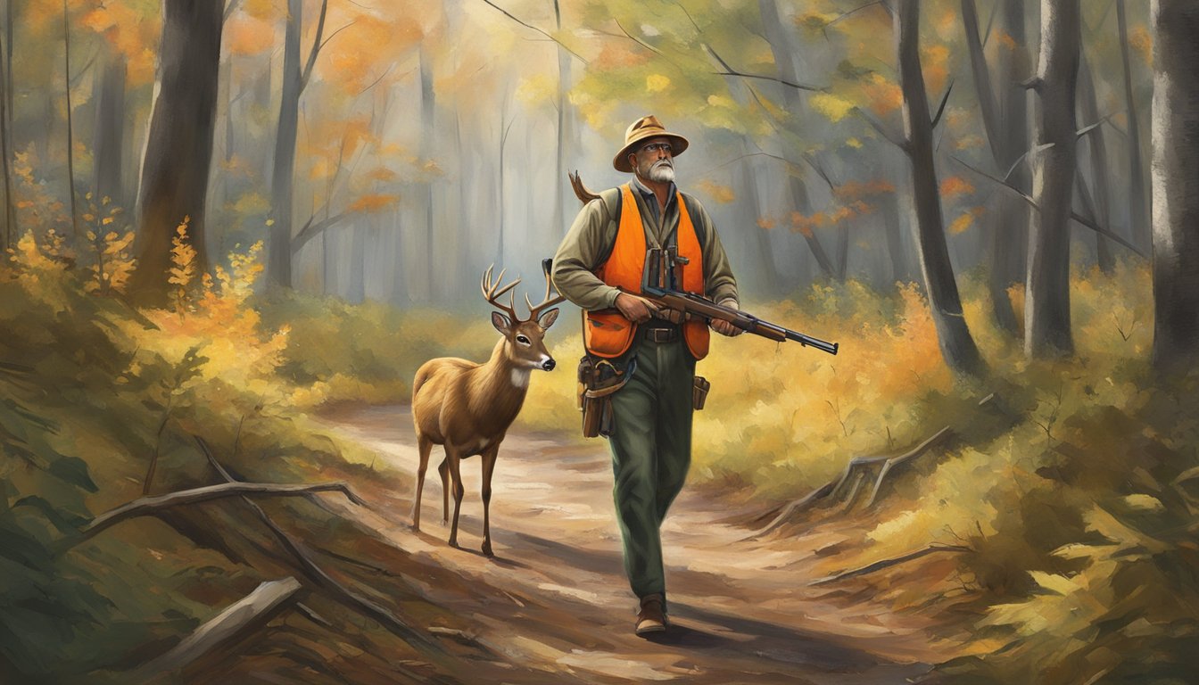 A deer hunter in Maryland follows regulations, wearing orange vest and hat, carrying a rifle, while walking through a wooded area