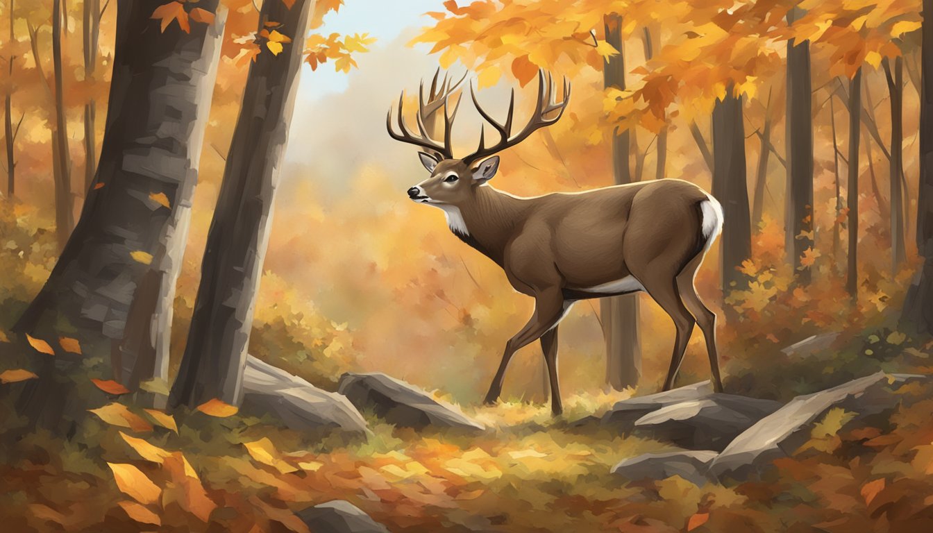 A deer stands in a wooded area, surrounded by autumn leaves. A sign indicates hunting season limits in Maryland