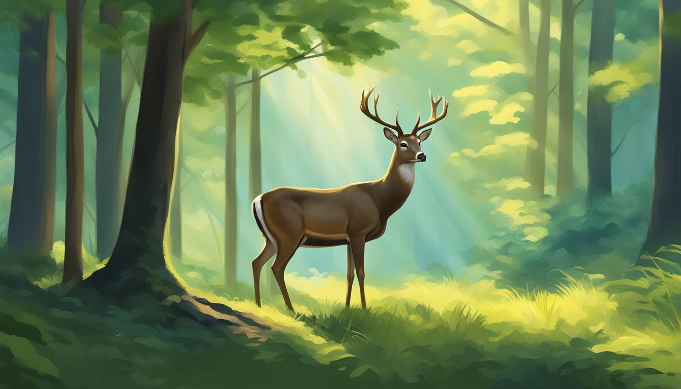 A deer stands alert in a lush Mississippi forest, surrounded by vibrant greenery and dappled sunlight filtering through the trees