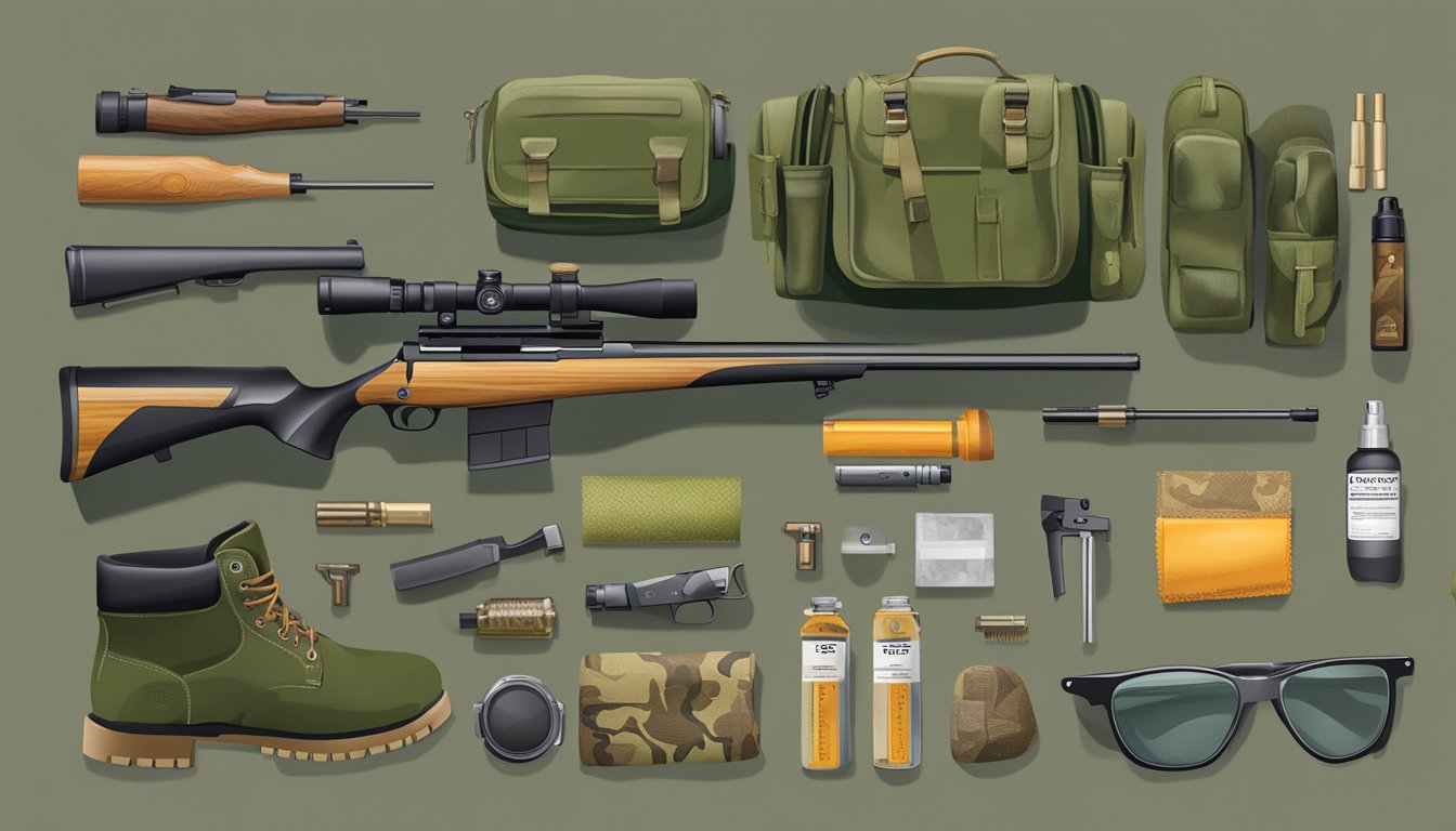 A hunter's gear laid out: rifle, ammo, camouflage clothing, boots, scent control spray, and hunting license