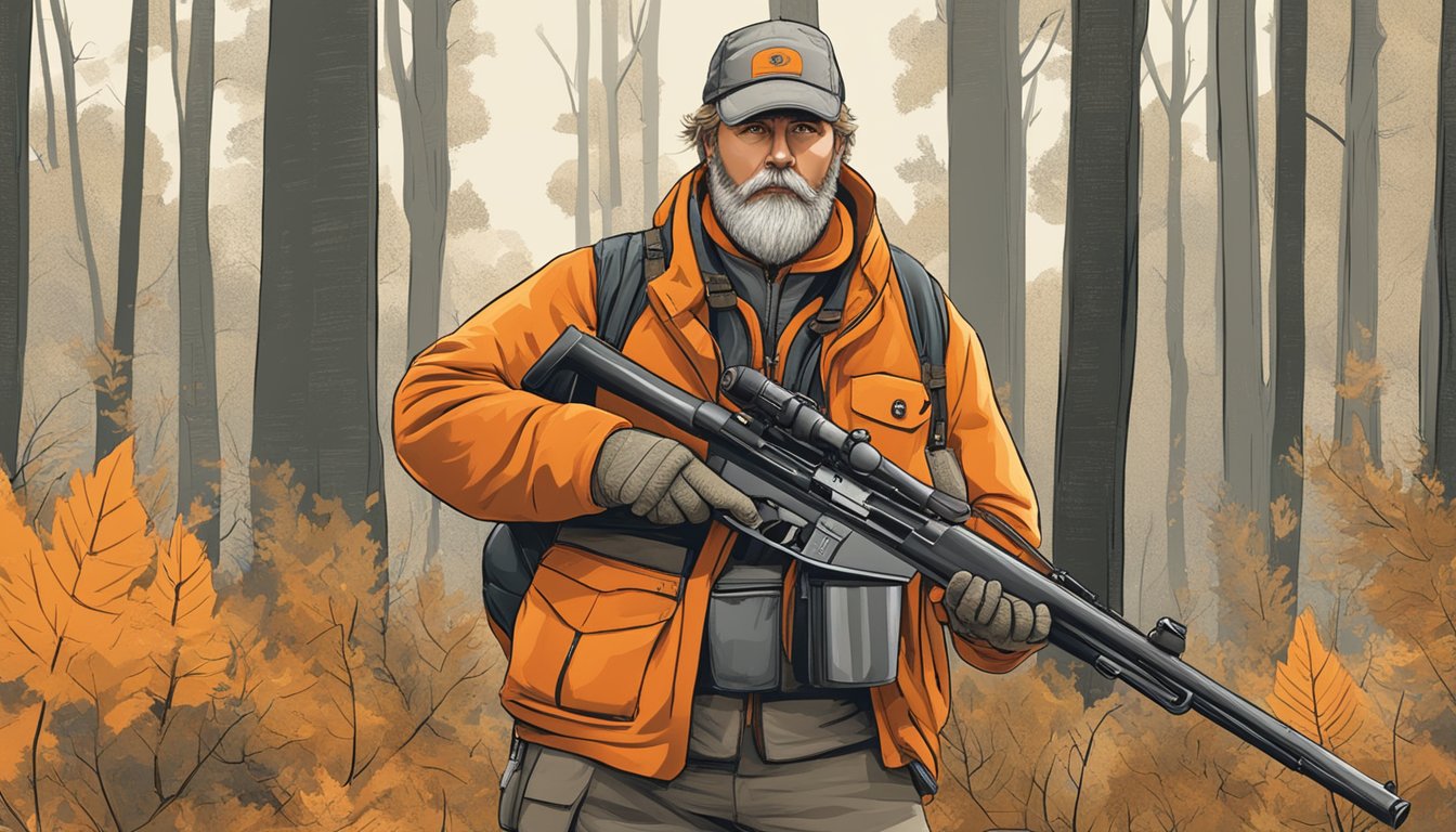 A hunter in orange vest and cap with a rifle in a wooded area, with signs indicating hunting regulations and boundaries