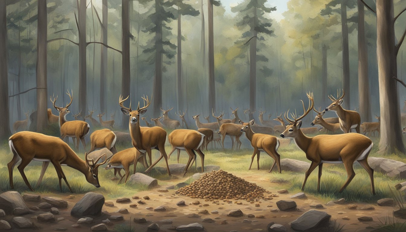 Deer gathered around a feeding station in a wooded area of Mississippi, eating from piles of supplemental feed and bait scattered on the ground