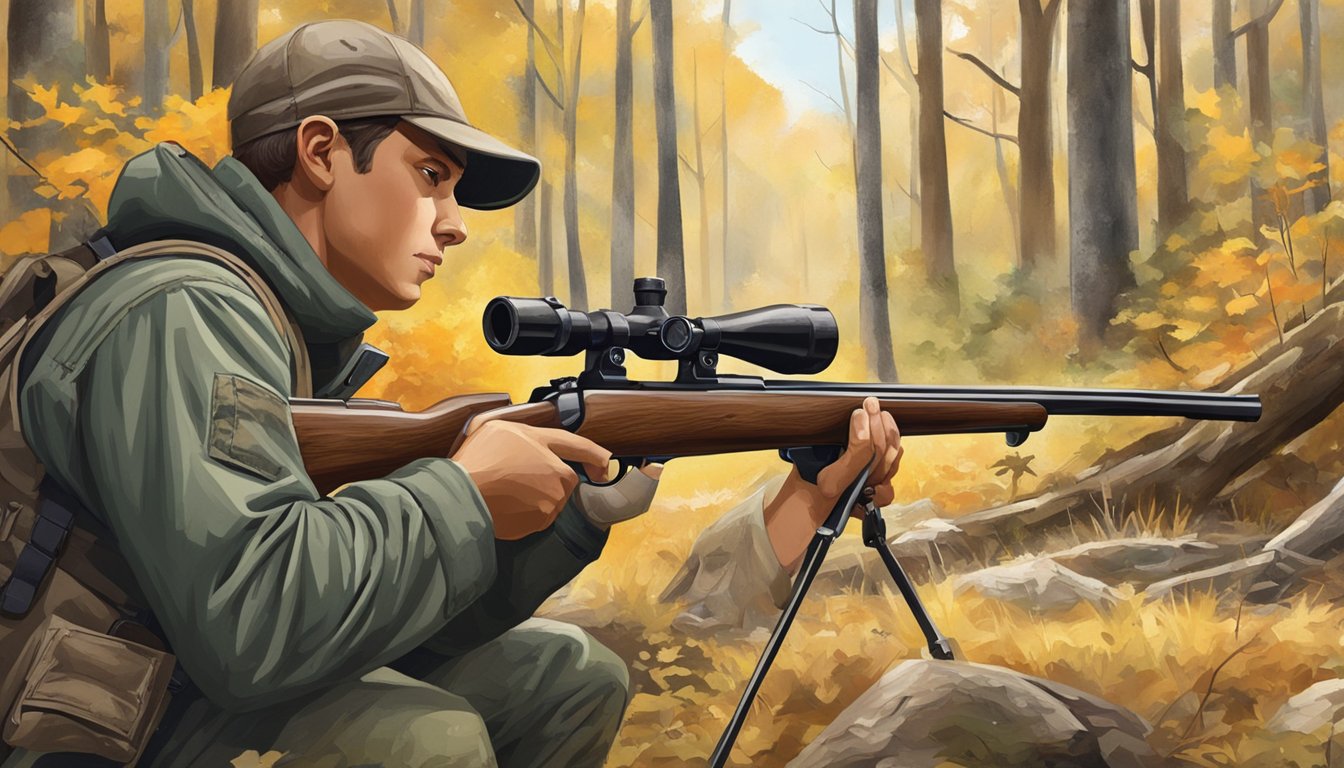 A young hunter carefully aiming a rifle at a deer in the Mississippi woods