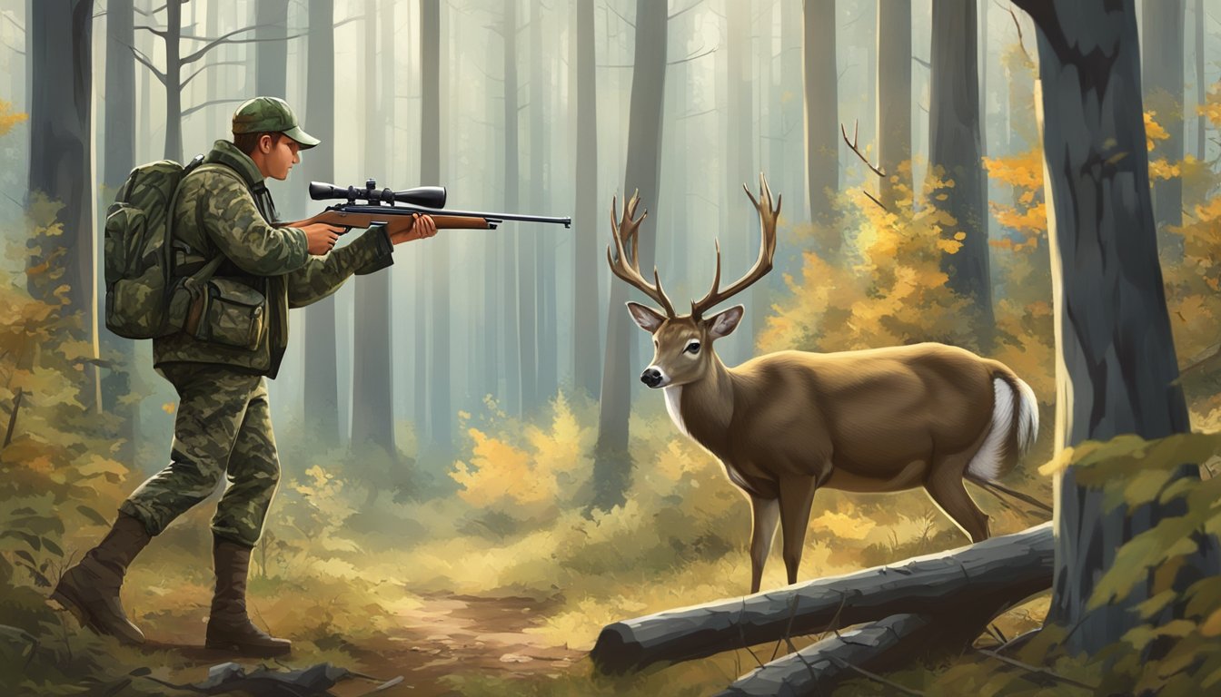 A hunter in camouflage aims a rifle at a grazing deer in a forest clearing, as regulations and hunting signs are posted nearby