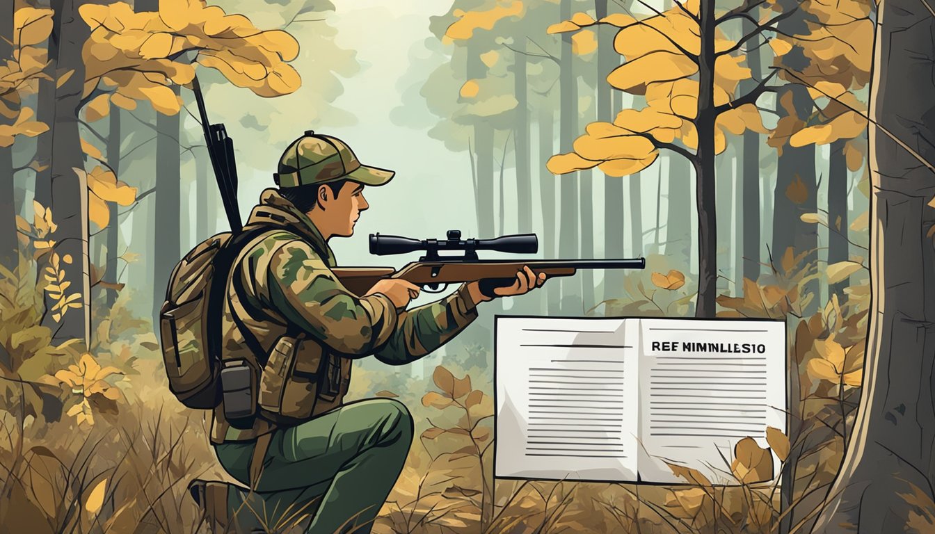 A hunter in camouflage aiming a rifle at a deer in a forest clearing, with a sign nearby listing legal hunting regulations for Minnesota