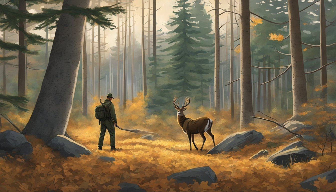 A dense forest clearing in Maine with fallen leaves, pine trees, and a deer stand, as a hunter waits for the start of the deer hunting season