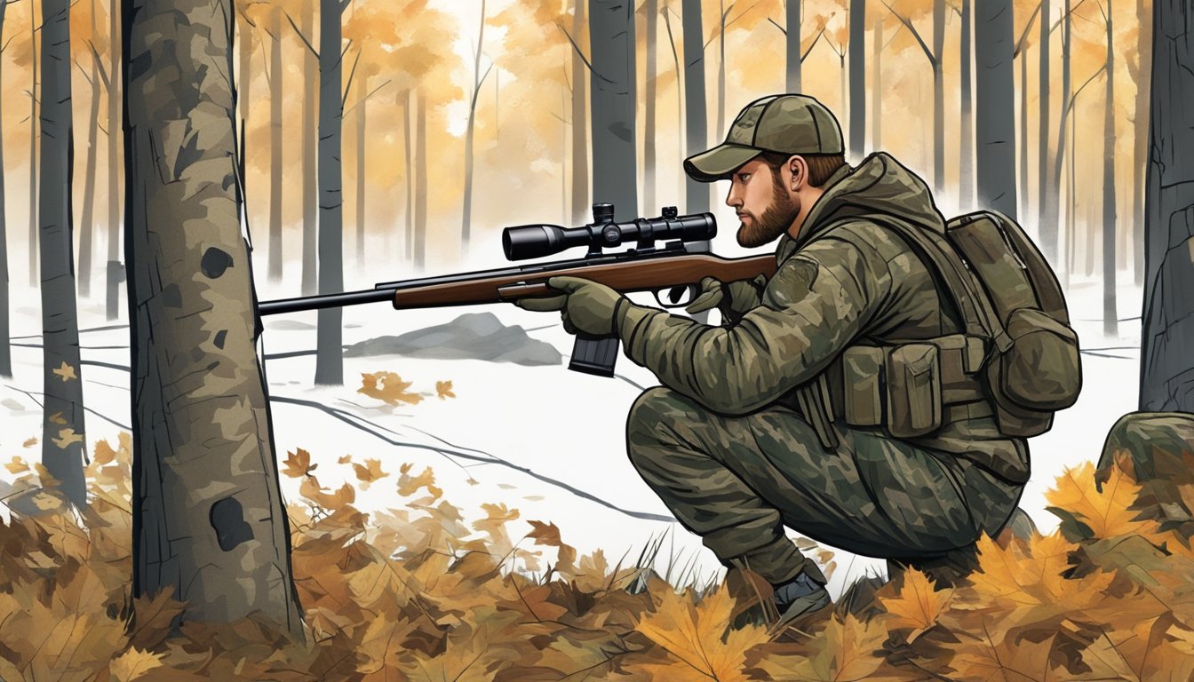 A hunter in camouflage gear crouches behind a tree, surveying the Minnesota woods with a scoped rifle in hand. Fallen leaves and pine trees surround the scene