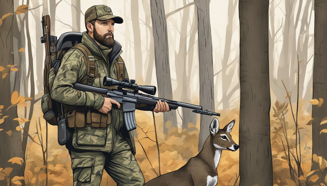 A hunter in camouflage gear, holding a rifle, standing in a wooded area with signs displaying New Jersey deer hunting laws