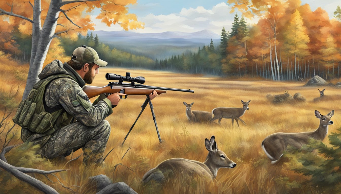 A hunter in camouflage aiming a rifle at a grazing deer in the Maine wilderness