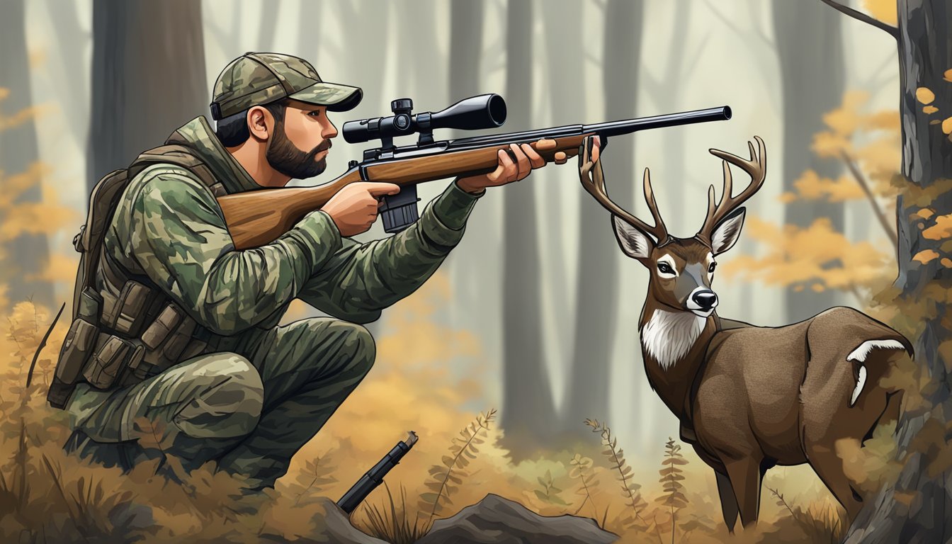 A hunter in camouflage aiming a rifle at a deer in a wooded area, with a clear line of sight and proper shooting stance