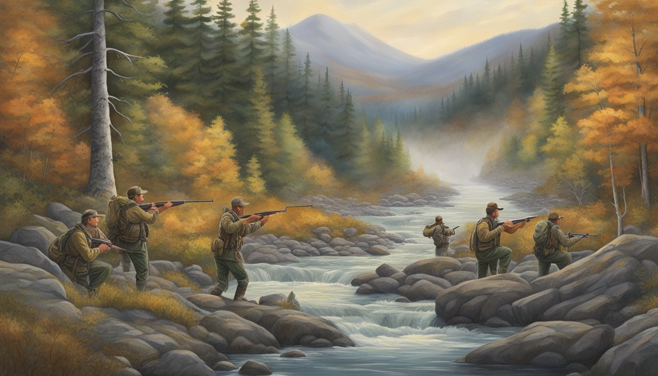 A group of hunters in Maine's wilderness, surrounded by dense forests and a serene river, aiming their rifles at a herd of deer