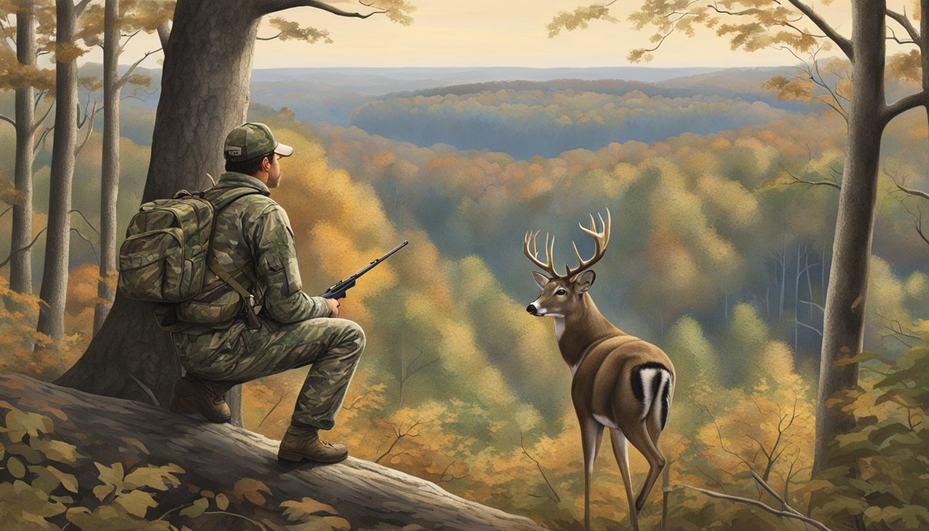 A hunter in camouflage waits in a tree stand, overlooking a forest clearing in New Jersey. A pair of whitetail deer cautiously graze in the distance